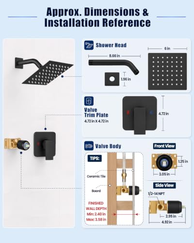 Heyalan 6 Inch Square Rain Shower Faucet Set with Valve, Matte Black | Female-thread 1/2-inch NPT connections, SUS304 shower head, brass rough-in valve, single-handle control Shower Set - color: Black, size: 6 Inch Square Shower Head