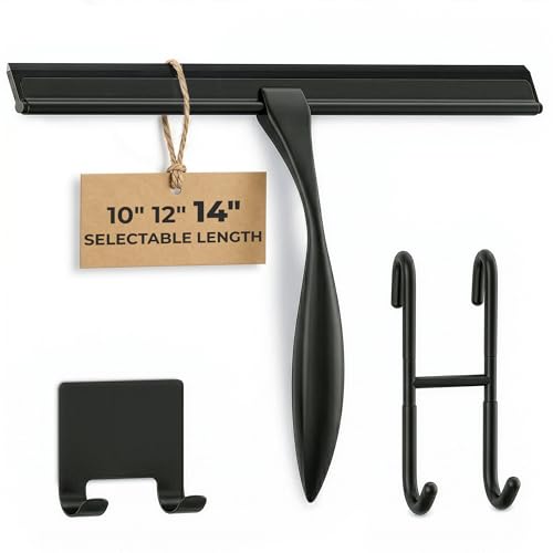 Black Squeegee for Shower Glass, 14" Silicone Blade, Stainless Steel | Shower Door Squeegee with Hook, Adhesive Mount; All-Purpose Bathroom Tile, Mirror, & Window Wiper for Streak-Free Cleaning - color: Black, size: 14 Inch
