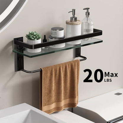 Bathroom Wall Shelf with Towel Bar, Clear Tempered Glass, Hand Towel Holder (Matte Black) - color: Black, size: Shelf with Towel Bar