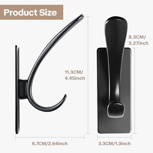 Self Adhesive Towel Hooks, Matte Black Metal Hooks,Waterproof Stainless Steel Hanger Coat Hooks for Hanging Coat,Towels, Bath Robe in Bathroom Kitchen Home - size: 6 Pack-Rectangular Double Hook