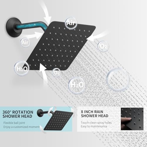 Matte Black Shower System Tempreature Display Shower Fuacet Set | 12 inch and 8 inch Full Body Shower Head, with 6 PCS Body Jet and Handheld Spray - color: Black, size: 12+8 inch
