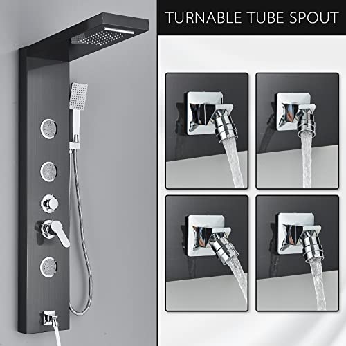 AlenArt Shower Panel Tower System, Multi Function Shower System with Body Jets, Handheld Sprayer, Rainfall Waterfall Shower Head and Tub Spout Stainless Steel Wall Mount Shower Panels Black - color: Black