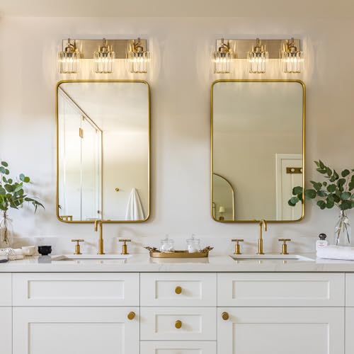 Modern Crystal Bathroom Vanity Lights, Gold 3-Lights Bathroom Light Fixtures Over Mirror, Crystal Wall Lighting with Polished Brass Finish - color: Gold-Round Shade, size: 3-Light