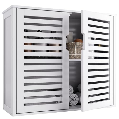 HITNET White Bathroom Cabinet Over Toilet, Bamboo Hanging Medicine Cabinet, Wall-Mounted Storage Organizer, Kitchen Cupboard with Double Doors and Adjustable Shelf - color: White
