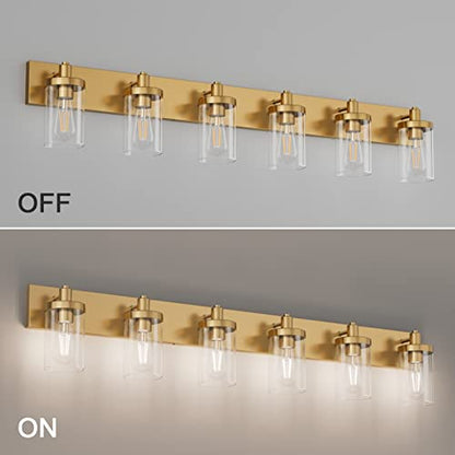 Aipsun Gold Bathroom Vanity Light Farmhouse Vanity Lighting Fixtures 6 Light 48in Bathroom Light Fixtures with Clear Glass Shade(Exclude Bulb) - color: Gold, size: 6-Light