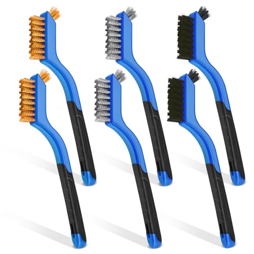 Wire Brush Set, 6 Pcs Stainless Steel/Brass/Nylon Wire Brushes | Blue, 7" Total Length for Tight Spaces, For Cleaning with Curved Handle Grip for Rust Removal, Dirt, Paint Scrubbing - style: Blue-6pcs
