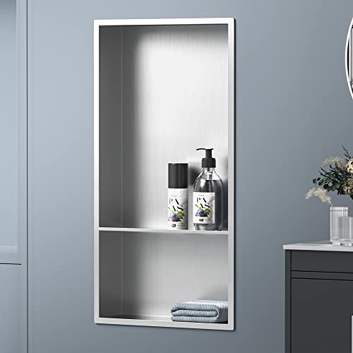 Stainless Steel Shower Niche 24" X 12" Brushed No Tile Needed Wall Niche with Double Shelves Recessed Shower Shelf for Bathroom Vertical Niches - color: Brushed, size: 12"x 24"