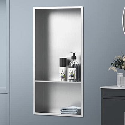 Stainless Steel Shower Niche 24" X 12" Brushed No Tile Needed Wall Niche with Double Shelves Recessed Shower Shelf for Bathroom Vertical Niches - color: Brushed, size: 12"x 24"