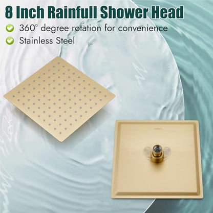 Heyalan 8 Inch Square Rain Shower Faucet Set with Valve, Brushed Gold | Female-thread 1/2-inch NPT connections, SUS304 shower head, brass rough-in valve, single-handle control Shower Set - color: Gold, size: 8 Inch Square Shower Head