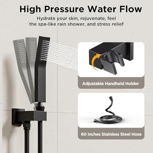 Shower Systems with 4 Body Spray Jets, STARBATH 4 Way 12+6" Rainfall Shower Head with Handheld Combo, Wall Mounted Shower Jets System Shower Faucet Sets Complete, Matte Black - color: Matte Black, size: 6"+12"-02