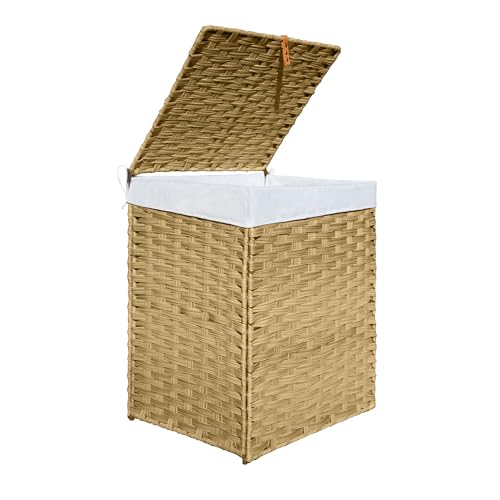 Wicker Laundry Hamper with Lid,34 Gal(130 L) Rattan Laundry Basket 2 Sections with Lid, Removable Machine Washable Line, Large Clothes Hamper with Handles for Bathroom Bedroom, Yellow - color: Yellow, size: 130L