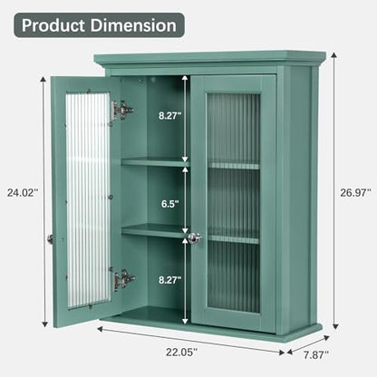 Over The Toilet Storage Cabinet, Bathroom Cabinet Wall Mounted with Built-in Level, Medicine Cabinet with Fluted Glass Doors, Wall Cabinet for Bathroom, Kitchen, Laundry Room, Halcyon Green - color: Halcyon Green