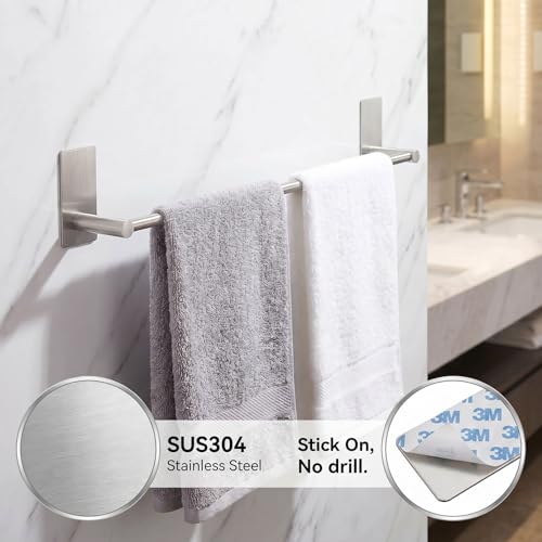Adhesive Bath Towel Bar 24-inch, No Drill Stick On Towel Rack, Easy Install with Self-Adhesive, Premium SUS304 Stainless Steel (Brush Nickle, 24) - color: Brush Nickle, size: 24-Inch