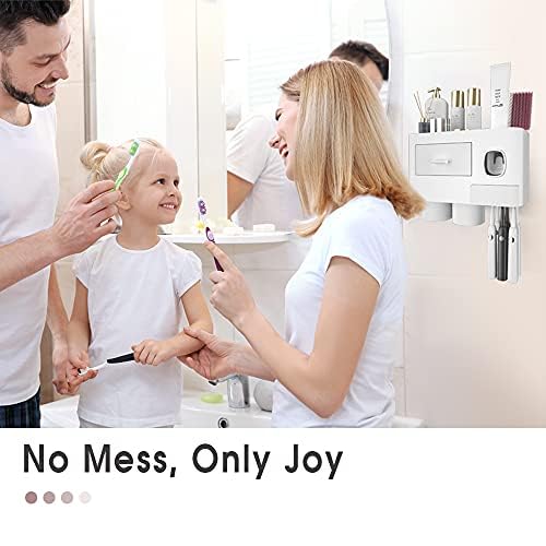 iHave Toothbrush Holders Wall Mounted with Toothpaste Dispenser & 2 Cups | All-in-One Bathroom Organizer: 2 Cups, 6 Slots, Toothpaste Dispenser, Large Tray & Drawer. Wall Mount, No Drilling Required - color: White, size: 2 cup