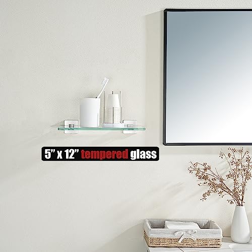 JQK Bathroom Glass Shelf, Floating Tempered Glass Shower Storage 12 by 5 inches, 304 Stainless Steel Brushed Finish Wall Mount 2 Pack, TGS201L12-BN-P2 - color: Brushed Steel, size: 12 Inch(2 Pack)