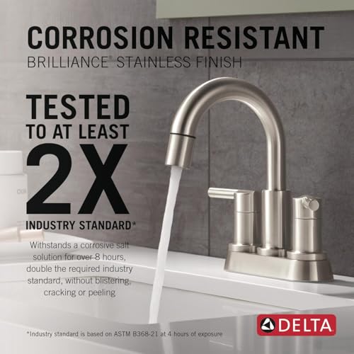 Delta Nicoli Centerset Brushed Nickel Bathroom Faucet with Sprayer, 4 Inch 3 Hole Bathroom Sink Faucet with Pull Out Sprayer, Push-Pop Drain, Stainless 25749LF-SSPD