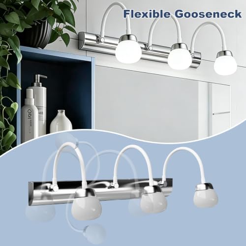 Bathroom Light Fixtures LED 3-Light 18 Inch 6000K Cool White | Vanity Light Adjustable Gooseneck Heads Rustproof Stainless Steel Over Mirror for Makeup Grooming