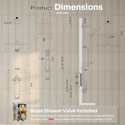 Gold Shower Faucet Set, Brushed Gold Shower System, 10'' Ceiling Shower Head and 6'' Wall Mounted ShowerHead, Dual Gold Shower Head with Handheld Combo, 3 In 1 Push Button Shower Diverter Valve - color: Brushed Gold