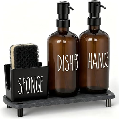 Cisily Amber Kitchen Soap Dispenser Set with Ceramics Sponge Holder | Black Metal Pump Head, Quick-Drying Soil Plate - color: Brown Bottle+black Pump + Black Sponge Holder