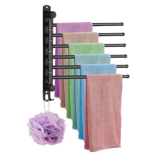 Swivel Towel Rack, Towel Bar with Wall Mounted 180° Rotation, 6 Arms Towels Hanger SUS 304 Stainless Steel, Space Saving for Kitchen, Bathroom, Outdoor (Matte Black)