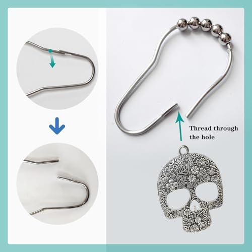 Skull Shower Curtain Hooks Decorative Rings for Bathroom Halloween Skeleton Bath Decor Stainless Steel Rustproof Shower Hanger Pack of 12 (Silver) - size: Skull