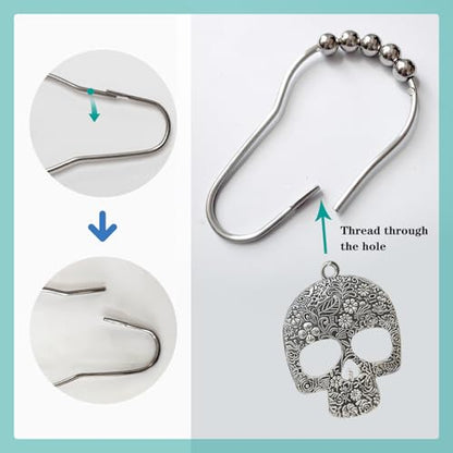 Skull Shower Curtain Hooks Decorative Rings for Bathroom Halloween Skeleton Bath Decor Stainless Steel Rustproof Shower Hanger Pack of 12 (Silver) - size: Skull