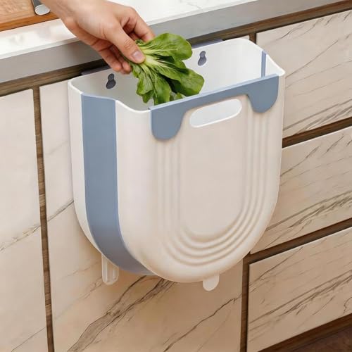 Collapsible Waste Bin for Kitchen, Kitchen Trash Can, Wall Mounted Waste Bin for Kitchen & Bathroom, Blue - color: Blue