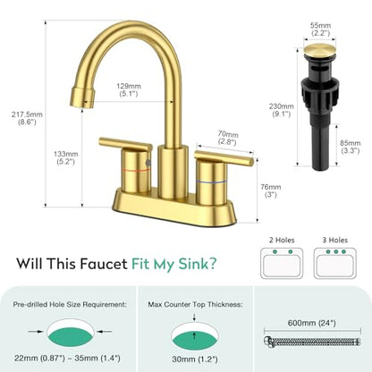 Faustina Brushed Gold Bathroom Faucet, 4 Inch Centerset Faucets for Sink 2 Holes 3 Holes，Two Handles 304 Stainless Steel Faucet with Pup up Drain Assembly and 2 Water Supply Lines for RV Vanity - color: Gold, style: Modern Centerset