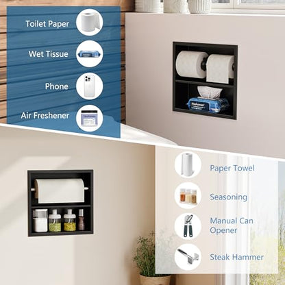 Neodrain Black Recessed Toilet Paper Holder,Double Layer Wet Tissue Holder | Space-Saving Wall Niche Cabinet Storage, Rustproof & Durable,For Bathroom, Kitchen & Vanity - color: Matte Black