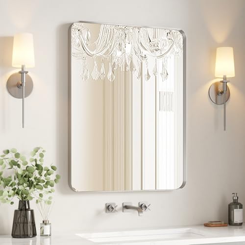 USHOWER Brushed Nickel Bathroom Mirror 24"x36" | Silver Rectangle Vanity Mirrors for Bathroom Sink, Aluminum Frame, Anti-Rust, Tempered Glass, Horizontal or Vertical - color: Brushed Nickel, size: 24"L x 36"W