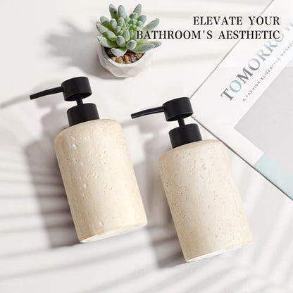 2pcs/Set Hand Soap Dispenser Sets - 10.8oz Refillable Resin Liquid Soap Dispensers with Rust-Proof Pump for Bathroom Countertop or Kitchen, Faux Travertine - color: Faux Travertine