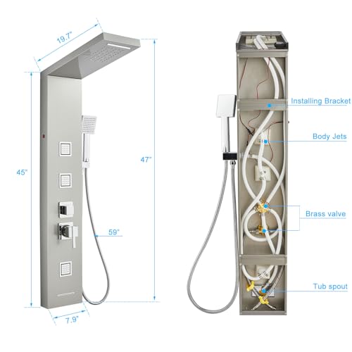 5-in-1 LED Shower Panel Tower System Stainless Steel | Rainfall + waterfall heads | 3 massage sprays | Handheld shower | Waterfall tub spout | LED lights | Wall mount - color: Brushed Nickel