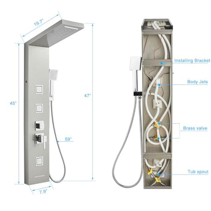 5-in-1 LED Shower Panel Tower System Stainless Steel | Rainfall + waterfall heads | 3 massage sprays | Handheld shower | Waterfall tub spout | LED lights | Wall mount - color: Brushed Nickel