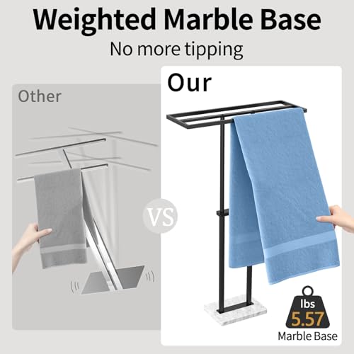 40” Standing Towel Rack, 3 Tier Towel Stand with Marble Base, Black | Stainless Steel Freestanding Towel Racks for Bathroom, Towel Holder Stand for Hanging Multiple Sizes Towels