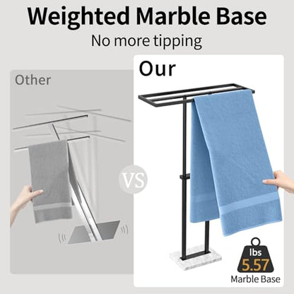 40” Standing Towel Rack, 3 Tier Towel Stand with Marble Base, Black | Stainless Steel Freestanding Towel Racks for Bathroom, Towel Holder Stand for Hanging Multiple Sizes Towels