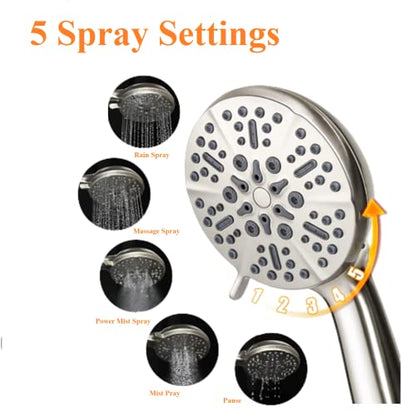 High Pressure Shower Head with Handheld - 5 Spray Settings High Flow Detachable Rain Shower Heads with 60” Extra-long Stainless Steel Hose and Adjustable Bracket with Brass Joint – Brushed Nickel - color: Brushed Nickel, style: 5 Modes