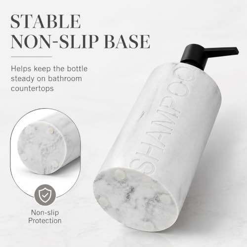 Resin White Marbled Shampoo Engraved Bottle Refillable Pump Dispenser, Durable Waterproof Construction for Bath, Shower - Resin White Marble - Matte Black Pump - color: Shampoo White