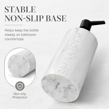 Resin White Marbled Shampoo Engraved Bottle Refillable Pump Dispenser, Durable Waterproof Construction for Bath, Shower - Resin White Marble - Matte Black Pump - color: Shampoo White