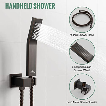SunCleanse Rainfall Shower System with High Pressure in Oil Rubbed Bronze | Ceiling mounted shower combo set featuring a 12" square rain head, handheld spray, and rough-in mixer valve with trim. - color: Oil Rubbed Bronze, style: 12-ceiling