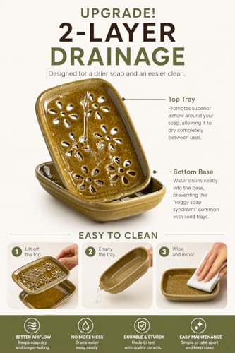 Miamolo 2 Layer Soap Dishes for Shower with Drainage, Keep Soap Bars Dry | Ceramic Bar Soap Holder Saver, Self Draining Top, Removable Drip Tray Non-Slip, Bathroom Kitchen Sink Dishwasher Safe, Yellow - color: Yellow