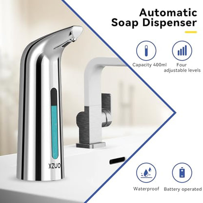 Automatic Soap Dispenser, 13oz/400ml for Bathroom & Kitchen No Touch | Plastic Material Soap Holder,4-Level Adjustable Touchless Hand Soap Dispenser ,Battery Operated Electric Dispenser - color: Silver