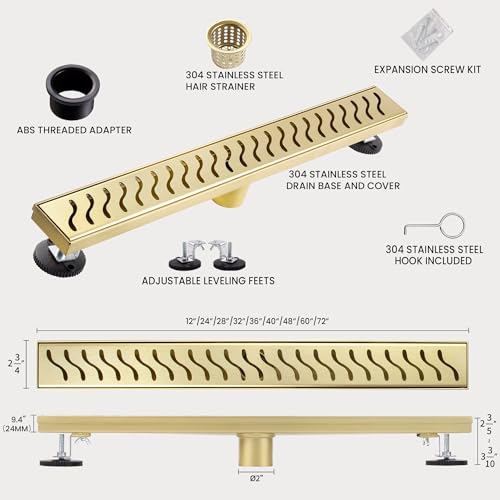 Linear Shower Drain, 36 inch Brushed Gold | Including Hair Catcher and Removable Grate, 304 Stainless Steel, Easy to Install and Clean (Drain Base Not Included) - color: Brushed Gold, size: 36 inch