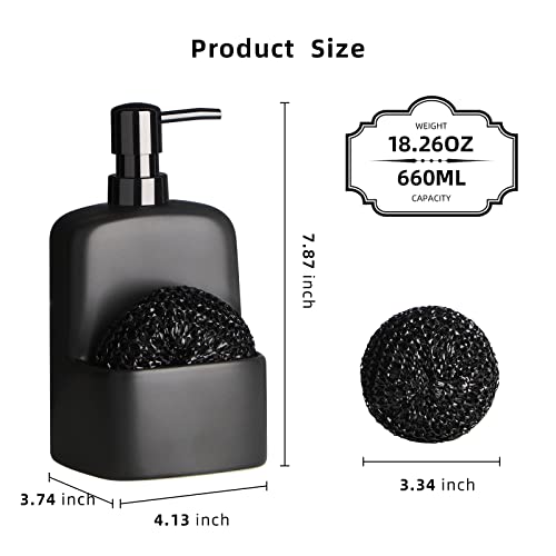 Dish Soap Dispenser - Kitchen Soap Dispenser with Sponge Holder Matte Ceramic Soap Daddy Dispenser 20oz for Kitchen (Matte Black) - color: Matte Black