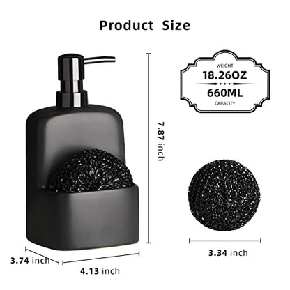 Dish Soap Dispenser - Kitchen Soap Dispenser with Sponge Holder Matte Ceramic Soap Daddy Dispenser 20oz for Kitchen (Matte Black) - color: Matte Black