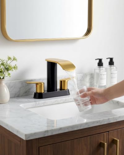 WOWOW Waterfall Centerset Black Gold 4 inch Vanity Bathroom Faucet 3 Hole - color: Black and Gold