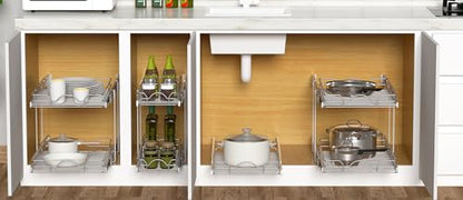 OCG 2 Tier Pull Out Cabinet Organizer (14" W x 21" D), Pull Out Drawers for Kitchen Cabinets, Pull Out Shelves for Base Cabinet Organization in Kitchen Bathroom Pantry, Chrome Finish - size: 14"W x 21"D, 2 Tier
