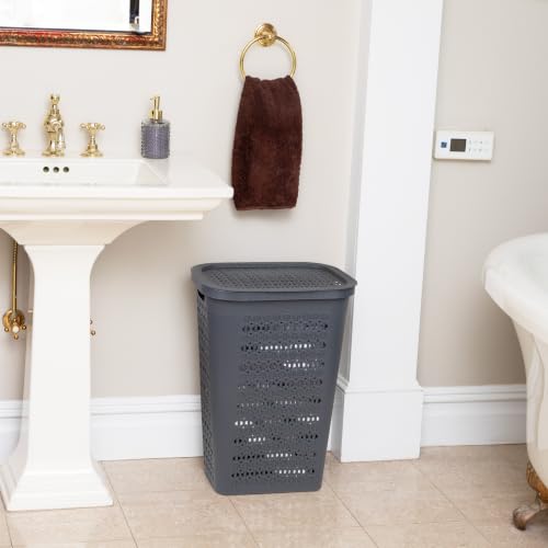 Mind Reader Slim Tapered Laundry Hamper with Lid, Clothes Basket with Swiss Cross Cut-Outs, Lightweight & Ventilated, Plastic, 16.75"L x 12.75"W x 23"H, Gray - color: Gray