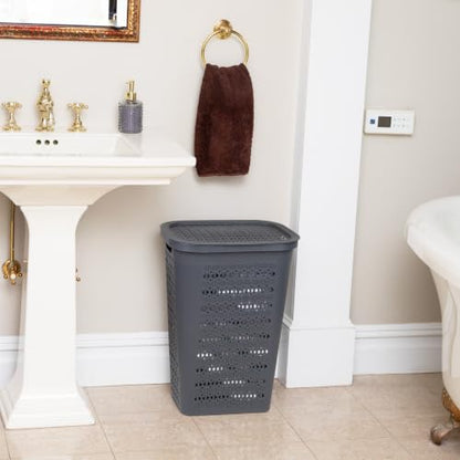 Mind Reader Slim Tapered Laundry Hamper with Lid, Clothes Basket with Swiss Cross Cut-Outs, Lightweight & Ventilated, Plastic, 16.75"L x 12.75"W x 23"H, Gray - color: Gray