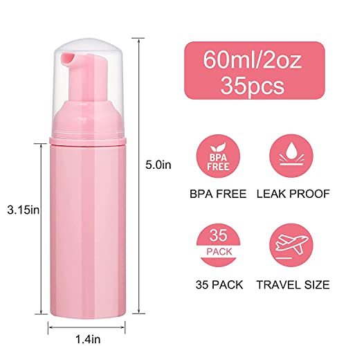 50 Pack 2 oz Foam Pump Bottles, Refillable Soap Dispenser, Daily Use | Pink foam pump bottle for diluted liquid soap, facial cleanser, body wash, shampoo, bathroom, kitchen, vanity and travel use