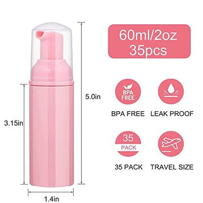 50 Pack 2 oz Foam Pump Bottles, Refillable Soap Dispenser, Daily Use | Pink foam pump bottle for diluted liquid soap, facial cleanser, body wash, shampoo, bathroom, kitchen, vanity and travel use
